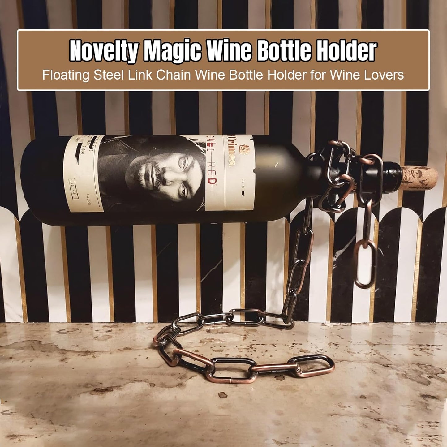 Floating Wine Bottle Holder - Magic Steel Chain Wine Rack for Suspended Display - Holds Any Long-Neck Wine Bottles, Durable & Elegant, Perfect for Home Bar or Kitchen Decor (6.7X5.12X7.5In)