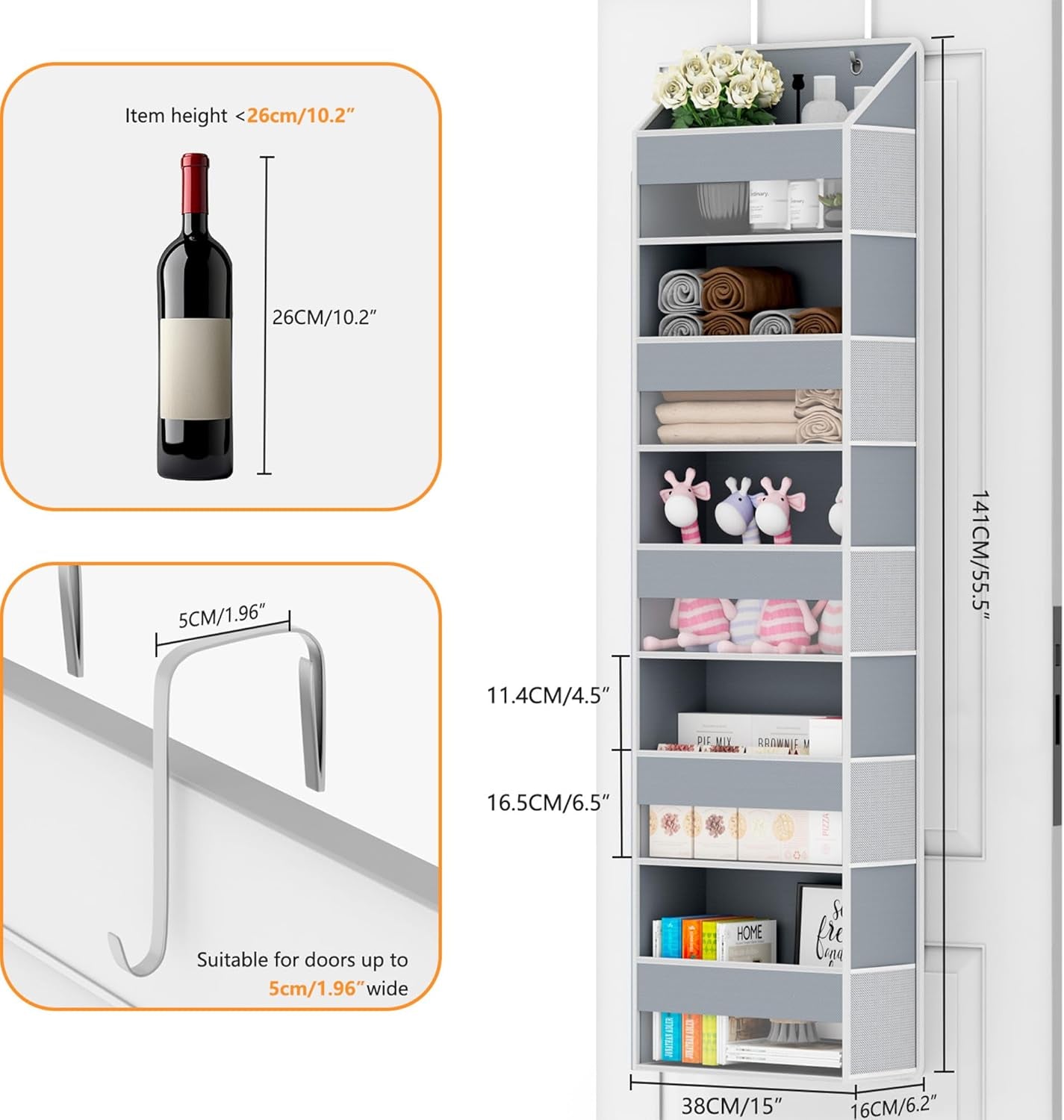 Over the Door Organizer - over Door Storage Organizer with 5 Large Pockets & 10 Mesh Side Compartments - Heavy-Duty Hanging Storage for Bathroom, Bedroom & Closet - Baby Room Organize Solution