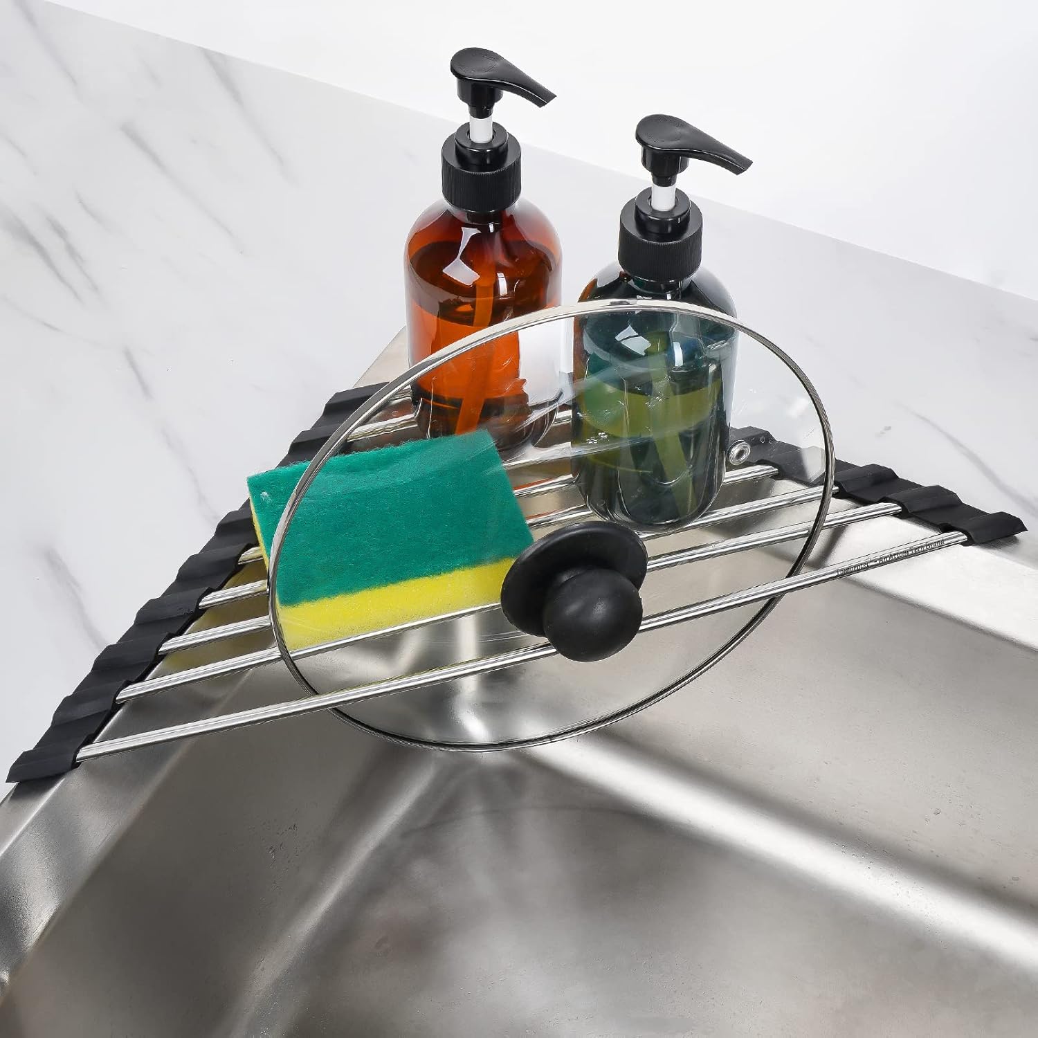 Foldable Stainless Steel Triangle Roll-Up Dish Drying Rack for Small Sink Corners - Over-The-Sink Multipurpose Kitchen Drainer, Rustproof Organizer, Trivet and Shelf - Space-Saving (Black)