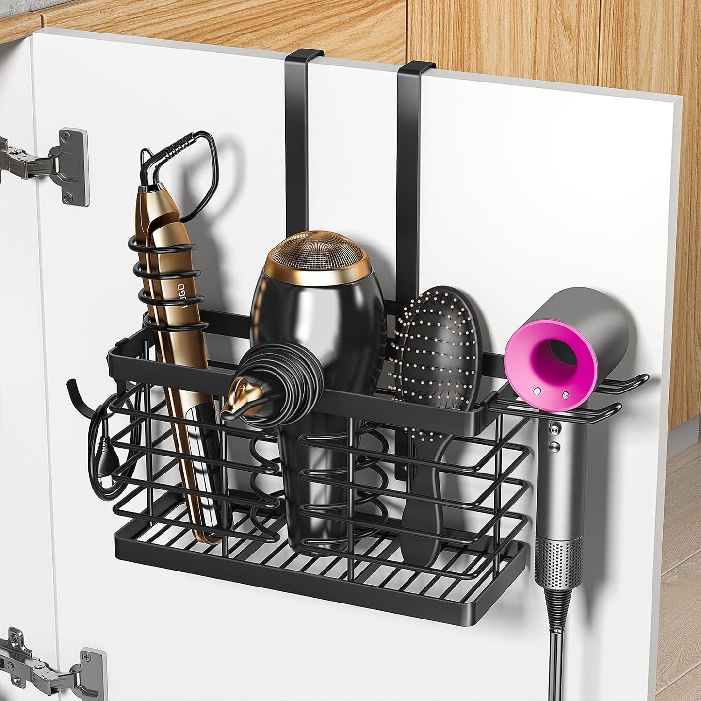 Hair Tool Organizer, 3-In-1 Universal Hair Dryer Holder, Adjustable Height Metal Blow Dryer Holder Wall Mounted/Over Cabinet Door/Free-Standing (Black)