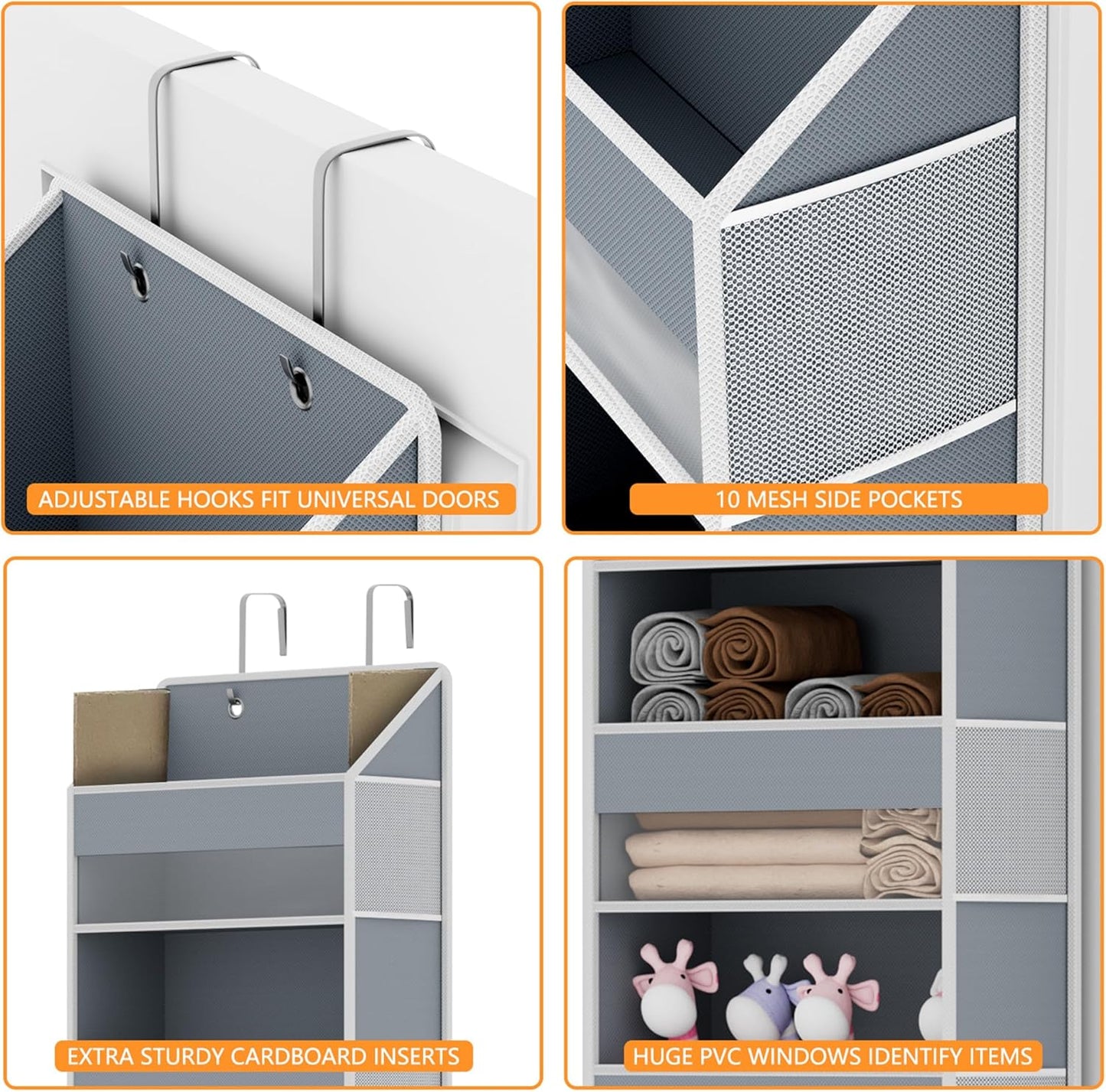 Over the Door Organizer - over Door Storage Organizer with 5 Large Pockets & 10 Mesh Side Compartments - Heavy-Duty Hanging Storage for Bathroom, Bedroom & Closet - Baby Room Organize Solution