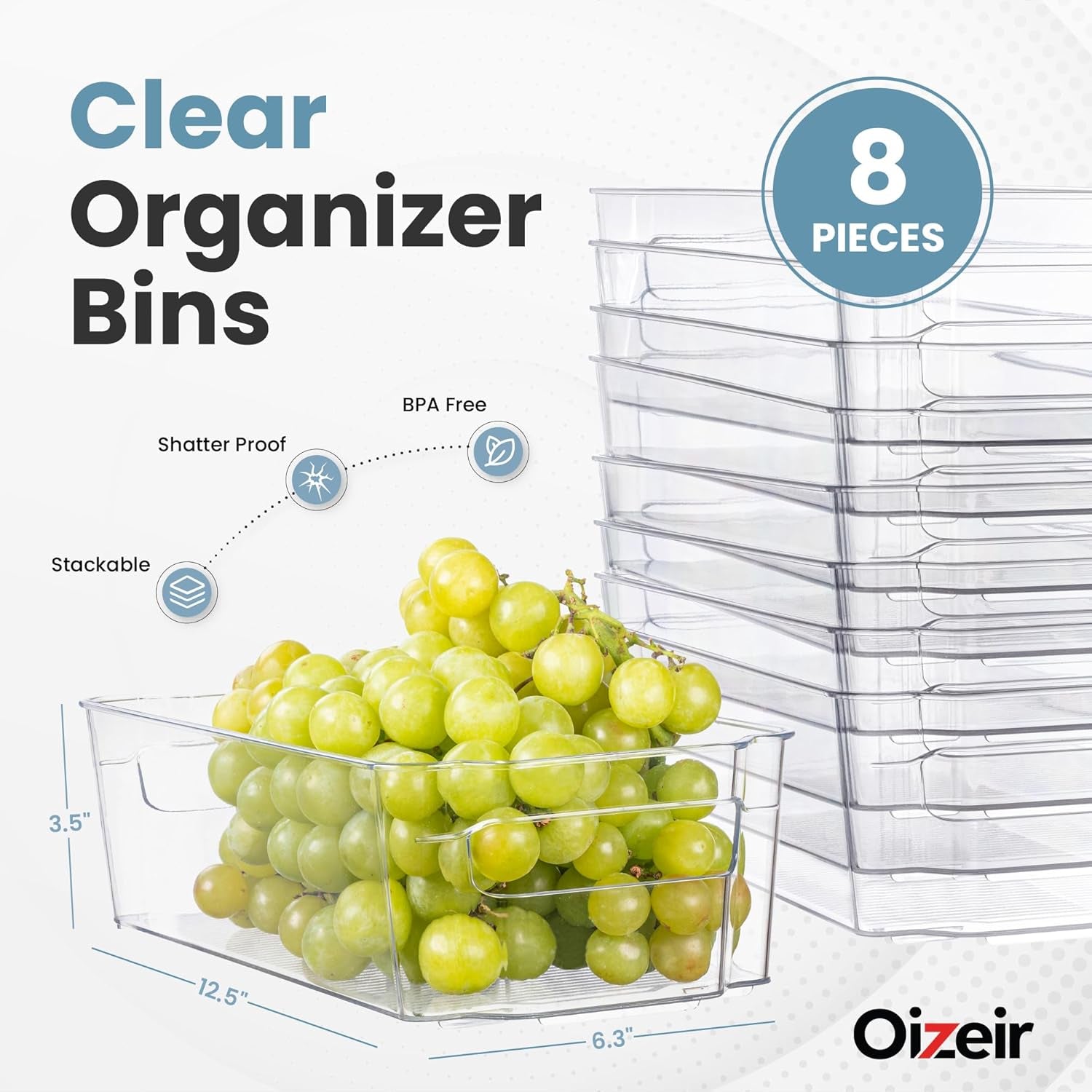8 Pack Clear Plastic Fridge Organizer Bins – Stackable Refrigerator & Pantry Storage Bins with Handles for Snacks, Freezer, Kitchen Cupboard, and Cabinet Organization