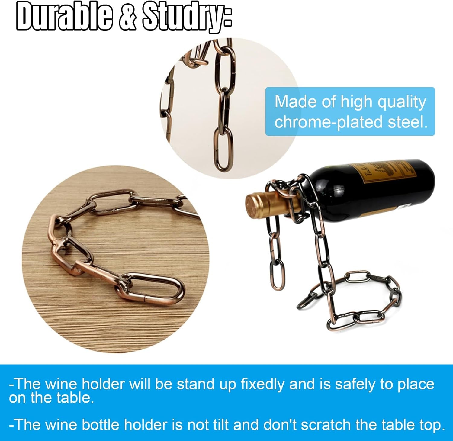 Floating Wine Bottle Holder - Magic Steel Chain Wine Rack for Suspended Display - Holds Any Long-Neck Wine Bottles, Durable & Elegant, Perfect for Home Bar or Kitchen Decor (6.7X5.12X7.5In)