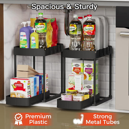 2 Pack Multi-Purpose Pull-Out Storage Organizers, under Sink Organizers and Storage for Bathroom & Kitchen, under Cabinet Organizers and Storage, 12.8 Inch, Black