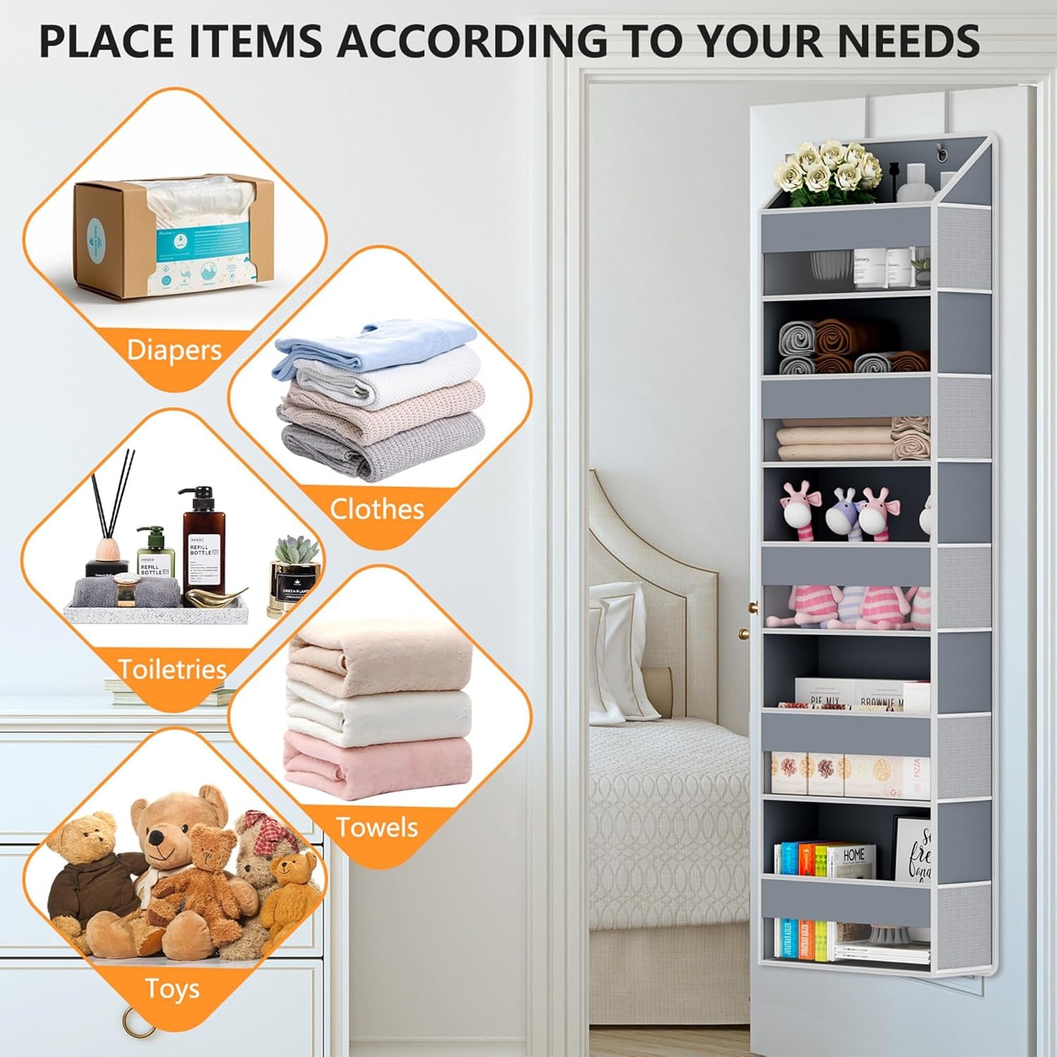 Over the Door Organizer - over Door Storage Organizer with 5 Large Pockets & 10 Mesh Side Compartments - Heavy-Duty Hanging Storage for Bathroom, Bedroom & Closet - Baby Room Organize Solution