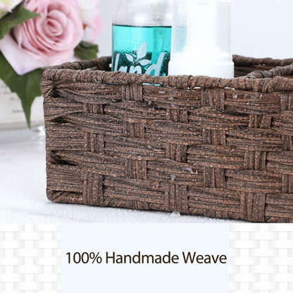 [Larger Compartments] Toilet Tank Topper Paper Basket - Multiuse Hand Woven Plastic Wicker Basket with Divider for Organizing, Rustic Farmhouse Bathroom Decor, Countertop Organizer Storage, Brown