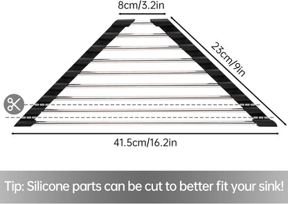 Foldable Stainless Steel Triangle Roll-Up Dish Drying Rack for Small Sink Corners - Over-The-Sink Multipurpose Kitchen Drainer, Rustproof Organizer, Trivet and Shelf - Space-Saving (Black)