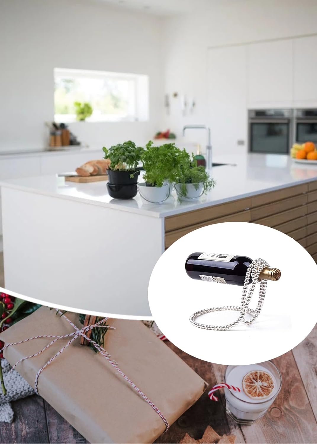 (White) Creative Artificial Pearl Necklace Floating Wine Rack Metal Wine Bottle Holder Wine Display Stand for Bars and Home Decoration