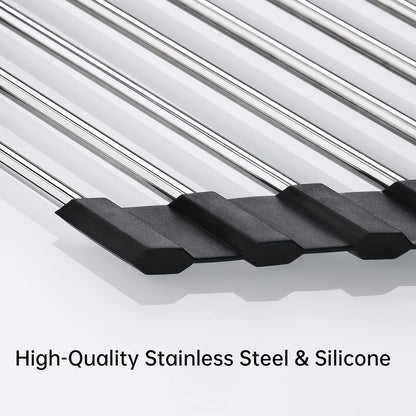 Foldable Stainless Steel Triangle Roll-Up Dish Drying Rack for Small Sink Corners - Over-The-Sink Multipurpose Kitchen Drainer, Rustproof Organizer, Trivet and Shelf - Space-Saving (Black)