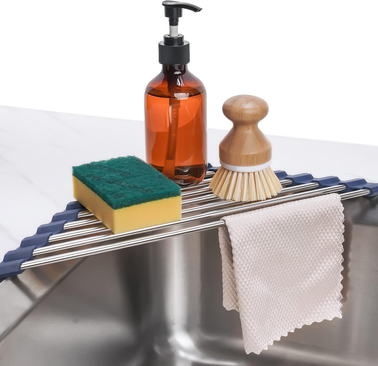 Foldable Stainless Steel Triangle Roll-Up Dish Drying Rack for Small Sink Corners - Over-The-Sink Multipurpose Kitchen Drainer, Rustproof Organizer, Trivet and Shelf - Space-Saving (Black)