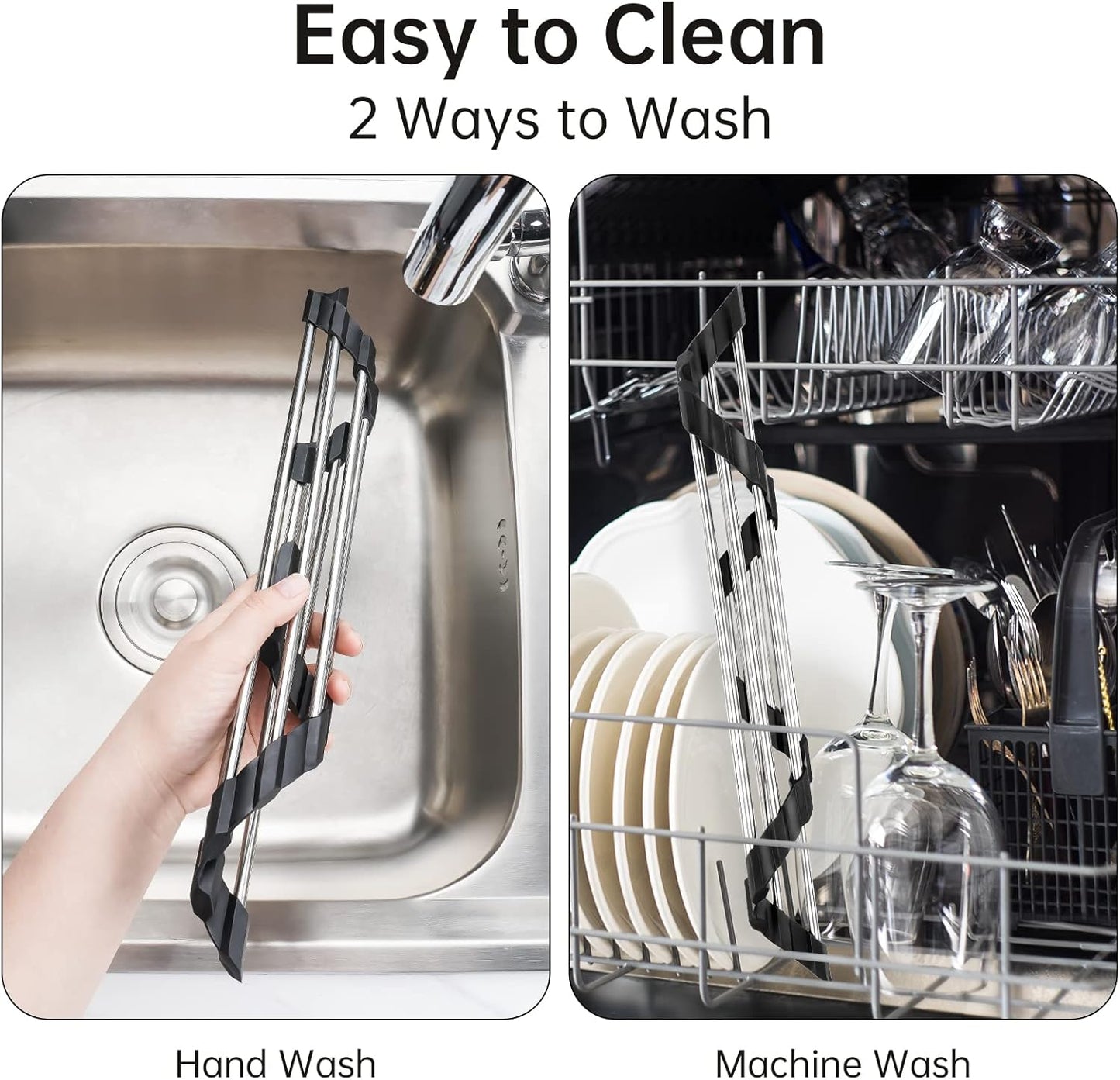 Foldable Stainless Steel Triangle Roll-Up Dish Drying Rack for Small Sink Corners - Over-The-Sink Multipurpose Kitchen Drainer, Rustproof Organizer, Trivet and Shelf - Space-Saving (Black)