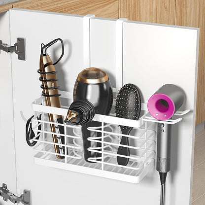 Hair Tool Organizer, 3-In-1 Universal Hair Dryer Holder, Adjustable Height Metal Blow Dryer Holder Wall Mounted/Over Cabinet Door/Free-Standing (Black)