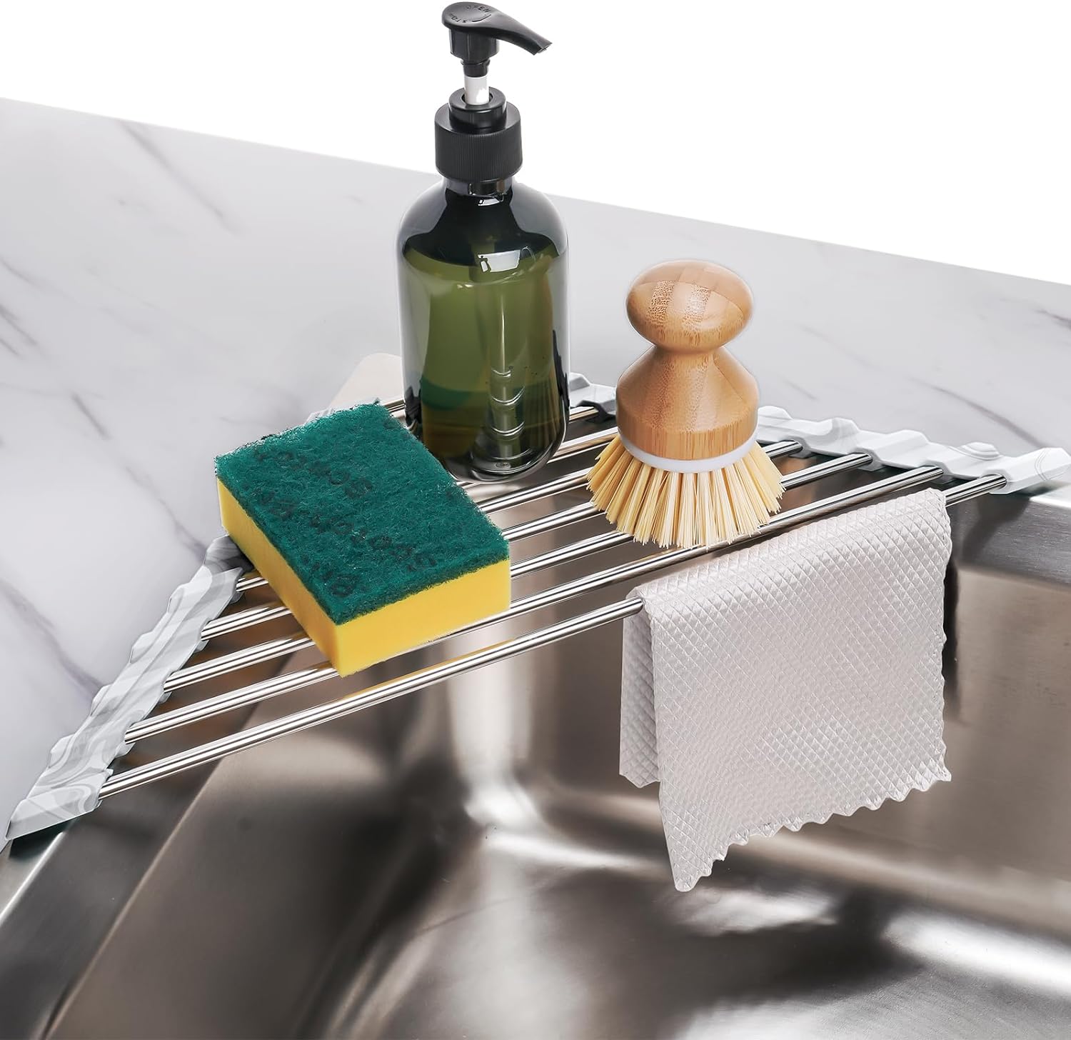 Foldable Stainless Steel Triangle Roll-Up Dish Drying Rack for Small Sink Corners - Over-The-Sink Multipurpose Kitchen Drainer, Rustproof Organizer, Trivet and Shelf - Space-Saving (Black)