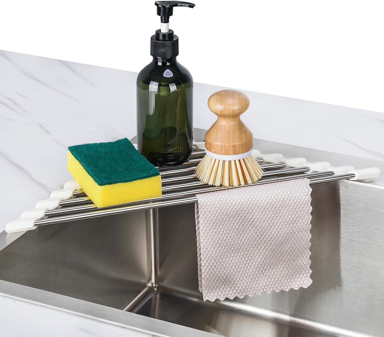 Foldable Stainless Steel Triangle Roll-Up Dish Drying Rack for Small Sink Corners - Over-The-Sink Multipurpose Kitchen Drainer, Rustproof Organizer, Trivet and Shelf - Space-Saving (Black)