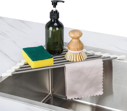 Foldable Stainless Steel Triangle Roll-Up Dish Drying Rack for Small Sink Corners - Over-The-Sink Multipurpose Kitchen Drainer, Rustproof Organizer, Trivet and Shelf - Space-Saving (Black)