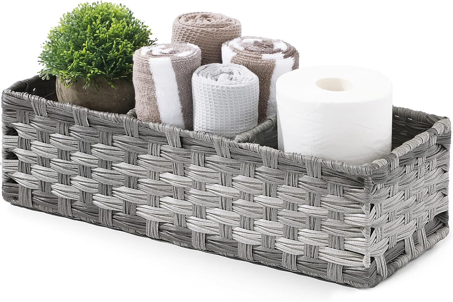 [Larger Compartments] Toilet Tank Topper Paper Basket - Multiuse Hand Woven Plastic Wicker Basket with Divider for Organizing, Rustic Farmhouse Bathroom Decor, Countertop Organizer Storage, Brown