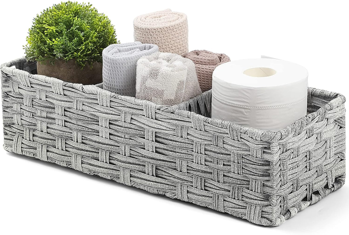 [Larger Compartments] Toilet Tank Topper Paper Basket - Multiuse Hand Woven Plastic Wicker Basket with Divider for Organizing, Rustic Farmhouse Bathroom Decor, Countertop Organizer Storage, Brown