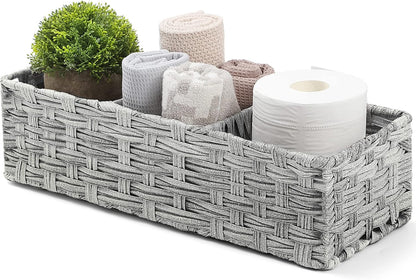 [Larger Compartments] Toilet Tank Topper Paper Basket - Multiuse Hand Woven Plastic Wicker Basket with Divider for Organizing, Rustic Farmhouse Bathroom Decor, Countertop Organizer Storage, Brown