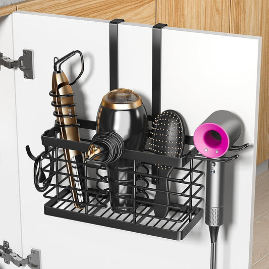 Hair Tool Organizer, 3-In-1 Universal Hair Dryer Holder, Adjustable Height Metal Blow Dryer Holder Wall Mounted/Over Cabinet Door/Free-Standing (Black)