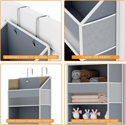Over the Door Organizer - over Door Storage Organizer with 5 Large Pockets & 10 Mesh Side Compartments - Heavy-Duty Hanging Storage for Bathroom, Bedroom & Closet - Baby Room Organize Solution