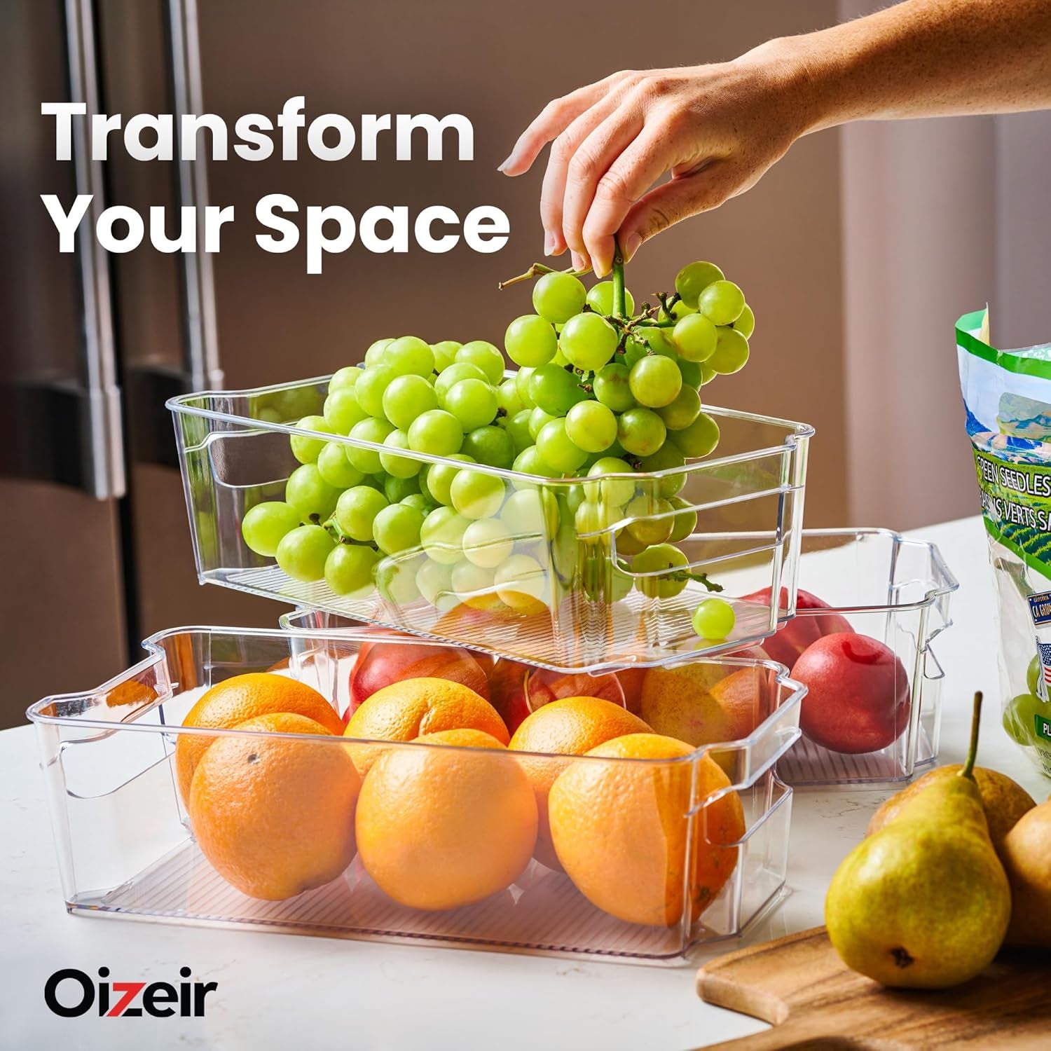 8 Pack Clear Plastic Fridge Organizer Bins – Stackable Refrigerator & Pantry Storage Bins with Handles for Snacks, Freezer, Kitchen Cupboard, and Cabinet Organization