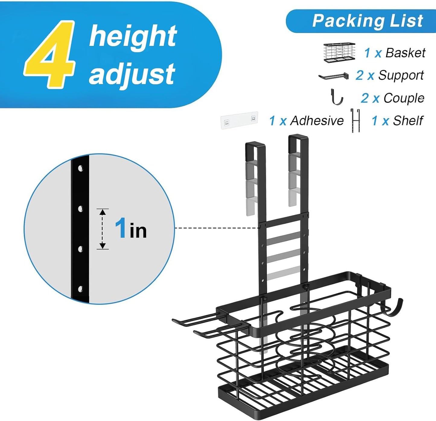 Hair Tool Organizer, 3-In-1 Universal Hair Dryer Holder, Adjustable Height Metal Blow Dryer Holder Wall Mounted/Over Cabinet Door/Free-Standing (Black)