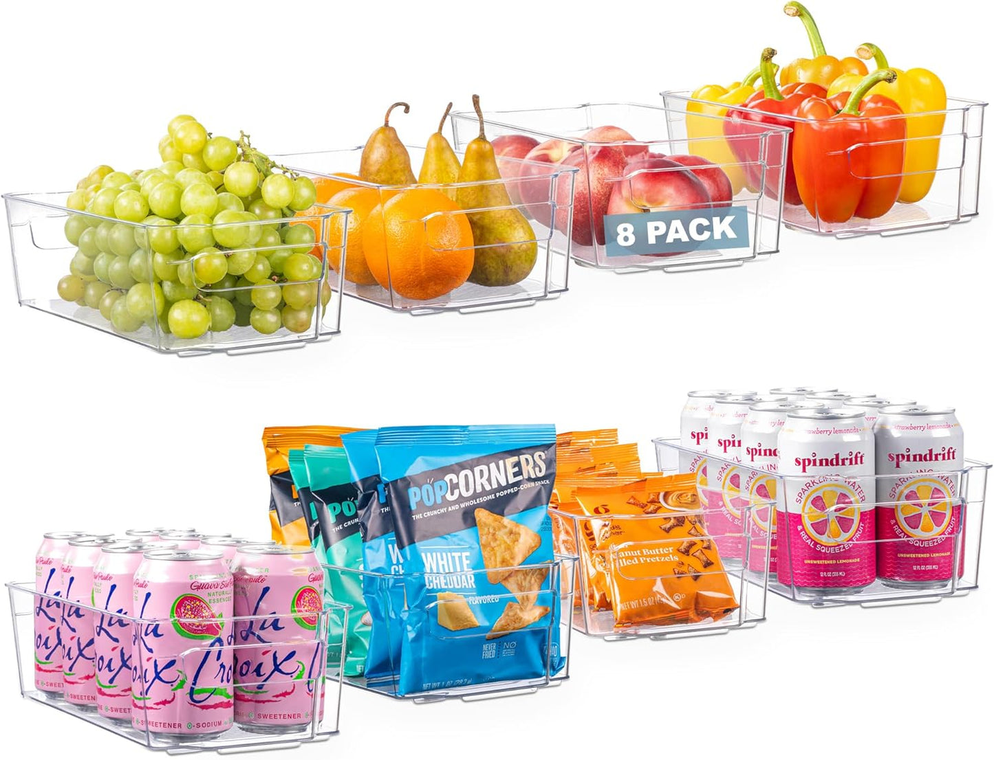 8 Pack Clear Plastic Fridge Organizer Bins – Stackable Refrigerator & Pantry Storage Bins with Handles for Snacks, Freezer, Kitchen Cupboard, and Cabinet Organization