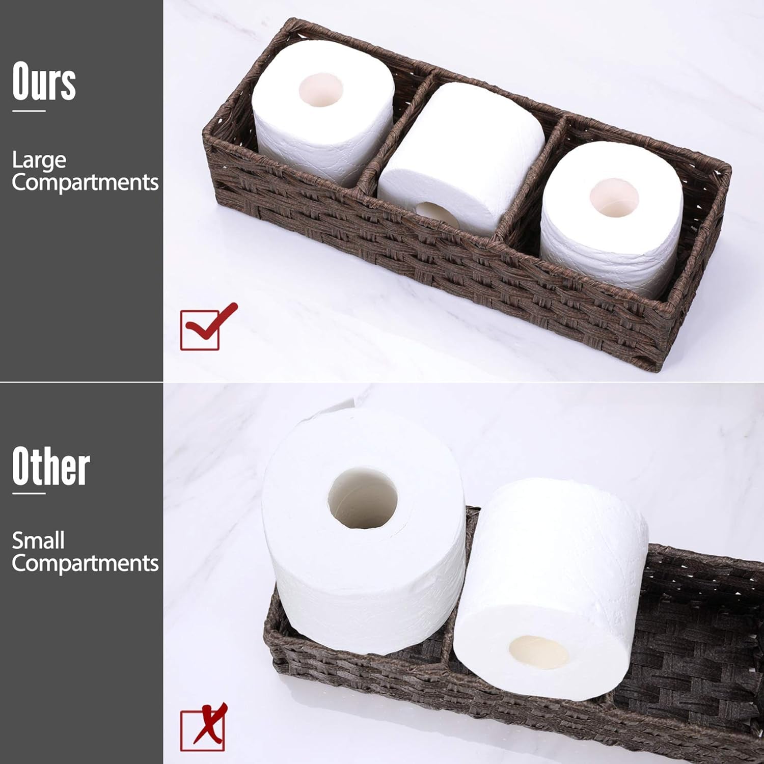 [Larger Compartments] Toilet Tank Topper Paper Basket - Multiuse Hand Woven Plastic Wicker Basket with Divider for Organizing, Rustic Farmhouse Bathroom Decor, Countertop Organizer Storage, Brown