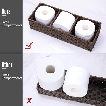[Larger Compartments] Toilet Tank Topper Paper Basket - Multiuse Hand Woven Plastic Wicker Basket with Divider for Organizing, Rustic Farmhouse Bathroom Decor, Countertop Organizer Storage, Brown
